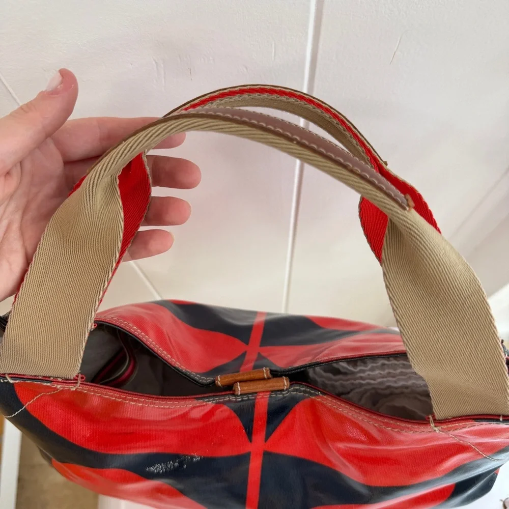Vintage Orla Kiely Red Navy Blue Solid Stem Shoulder Bag Tote Floral Handbag - Picture 10 of 16